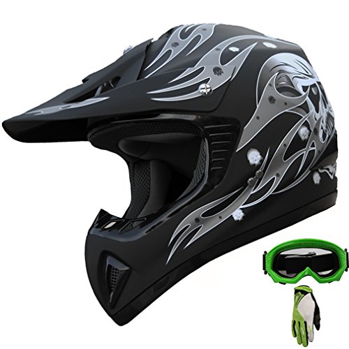 ATV Motocross Helmet Dirt Bike Motorcycle A81 Matt Blackgreen gogglesgloves L