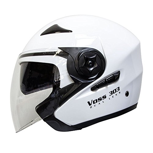 Voss 303 Dual Lens Cruiser DOT Three Quarter Helmet with Integrated Sun Lens and Quick Release System - M - Gloss White