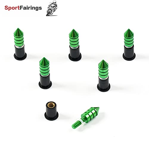 Sportbikefairings 5mm 6pcs Universal Motorcycle Spike Bolts Screws Windscreen Windshield M5 Fairing License Plate Mounting Kit Nuts for Sport Bikes Motorcycles (Green)